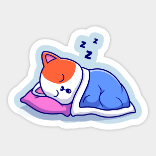 Cute Cat Sleeping With Pillow And Blanket Cartoon Sticker